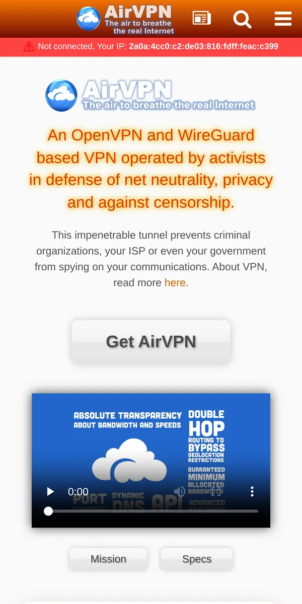 Startseite von AirVPN auf dem Smartphone – im Vergleich: bester VPN für die Schweiz
