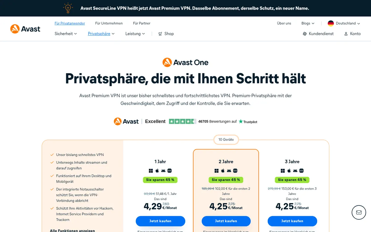 Startseite von Avast Premium VPN am Computer – im Vergleich: bester VPN für die Schweiz