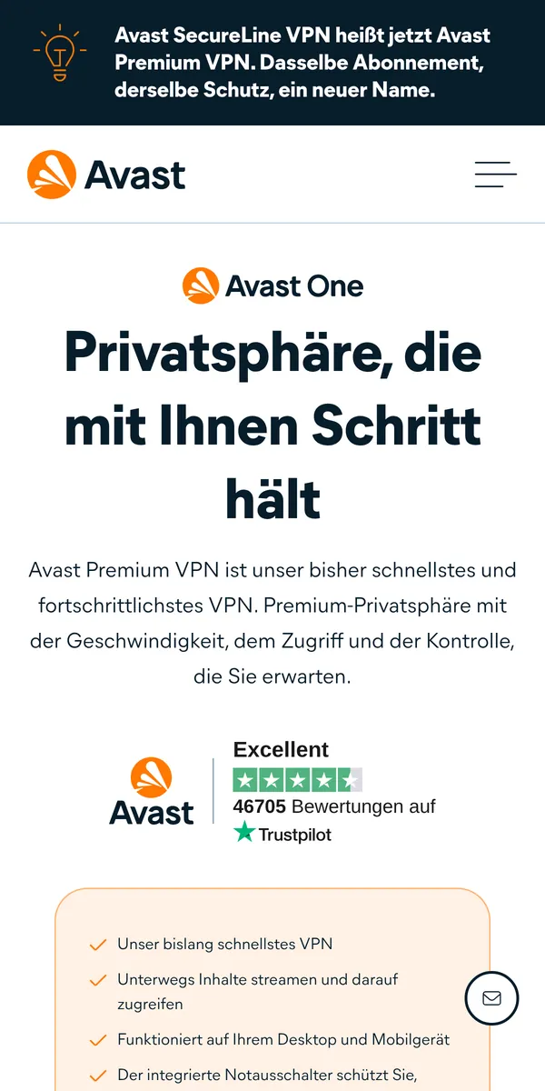 Startseite von Avast Premium VPN auf dem Smartphone – im Vergleich: bester VPN für die Schweiz