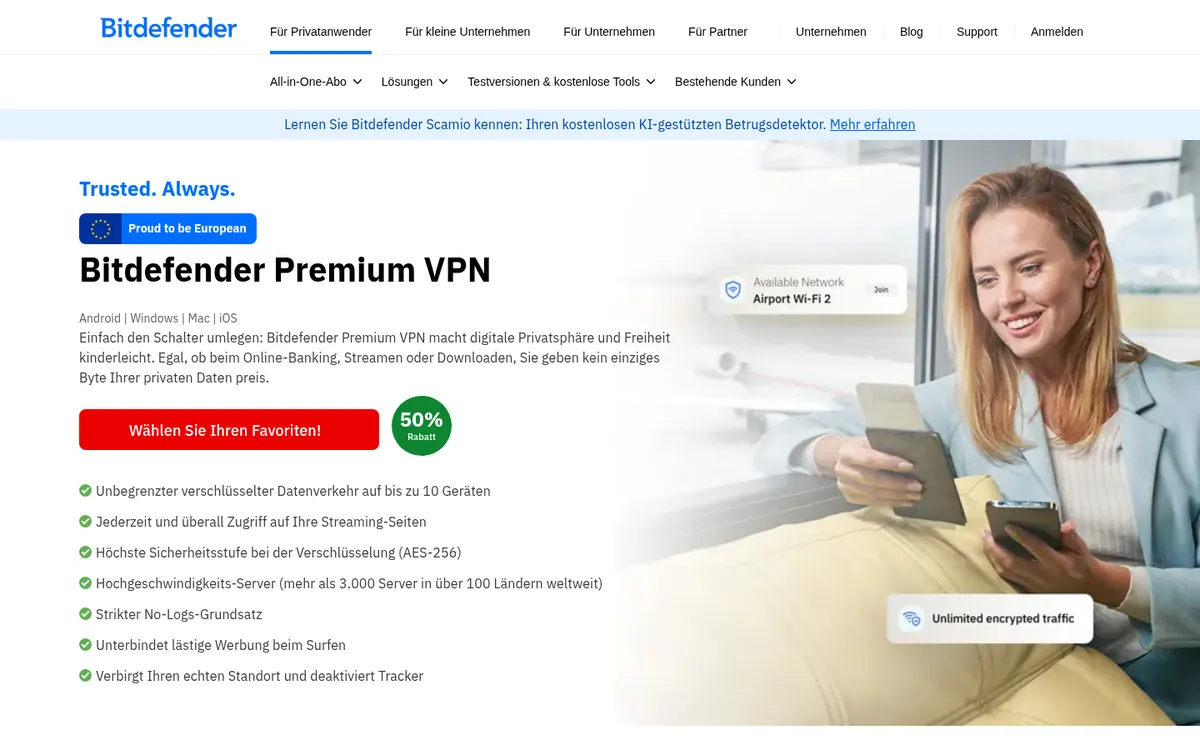 Startseite von Bitdefender VPN am Computer – im Vergleich: bester VPN für die Schweiz