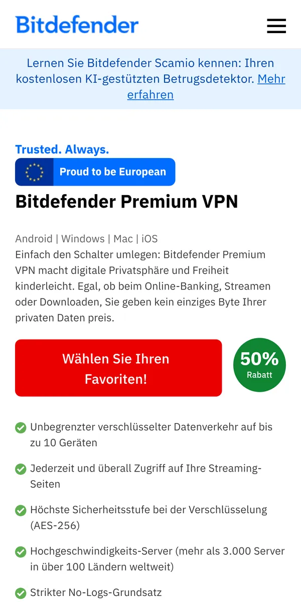 Startseite von Bitdefender VPN auf dem Smartphone – im Vergleich: bester VPN für die Schweiz