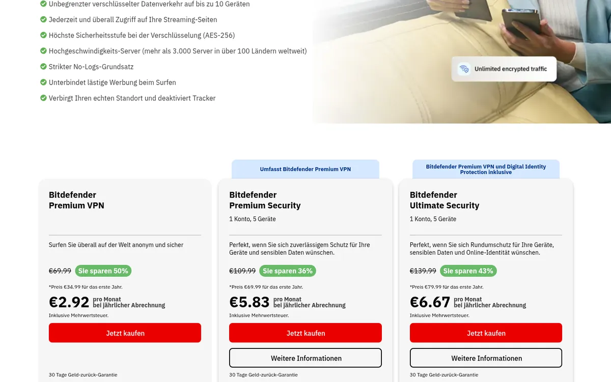 Preisseite von Bitdefender VPN – im Vergleich: bester VPN für die Schweiz