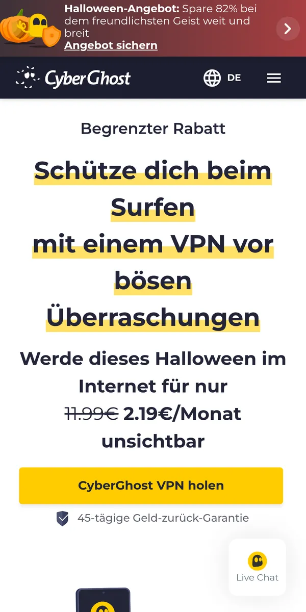 Startseite von CyberGhost auf dem Smartphone – im Vergleich: bester VPN für die Schweiz