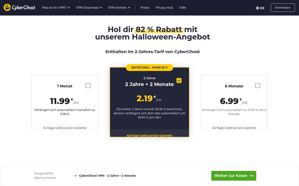 Preisseite von CyberGhost – im Vergleich: bester VPN für die Schweiz