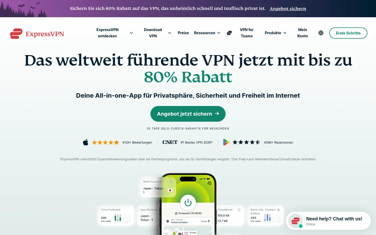 Startseite von ExpressVPN mit den Apps für Handy und Computer
