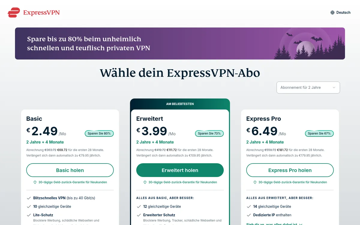 Preisseite von ExpressVPN – im Vergleich: bester VPN für die Schweiz