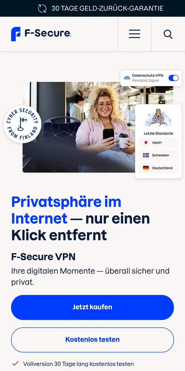 Startseite von F-Secure VPN auf dem Smartphone – im Vergleich: bester VPN für die Schweiz