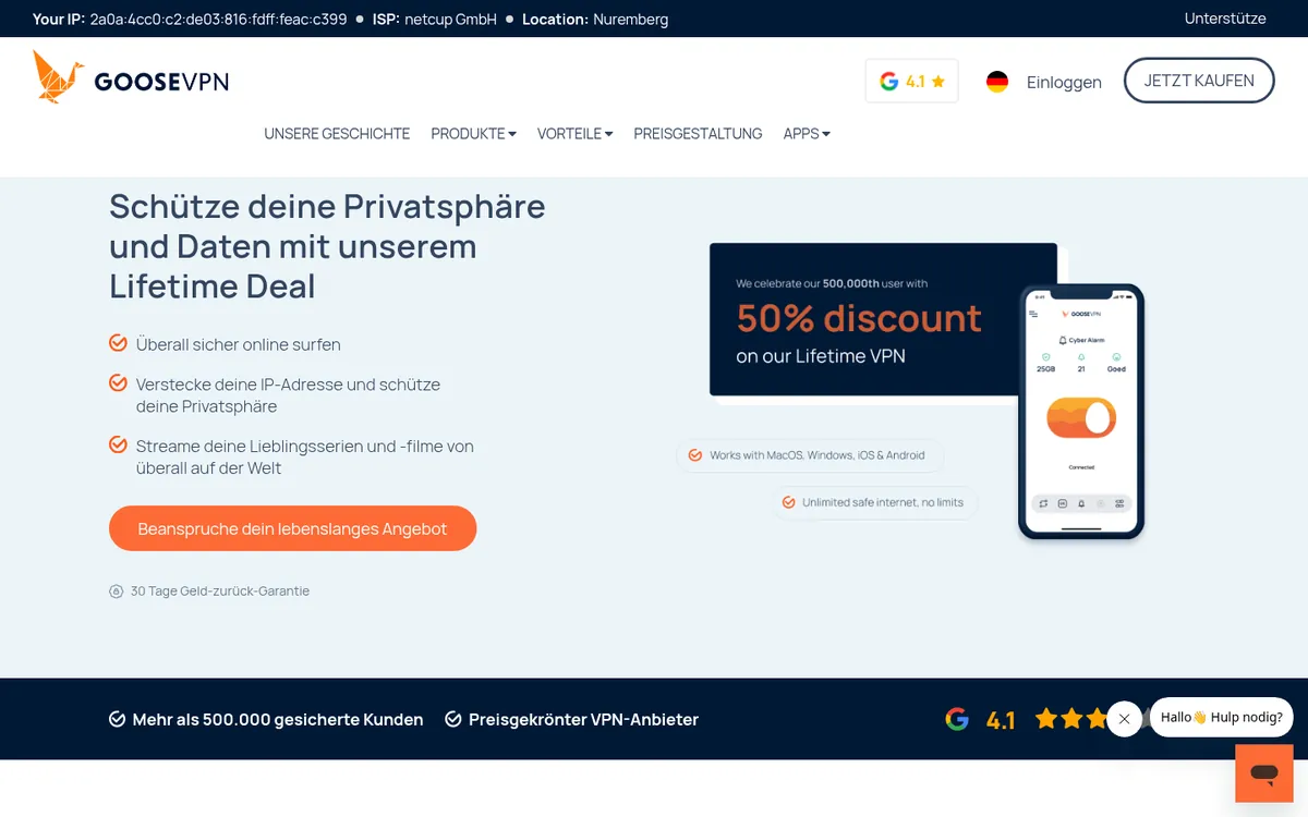 Startseite von Goose VPN am Computer – im Vergleich: bester VPN für die Schweiz