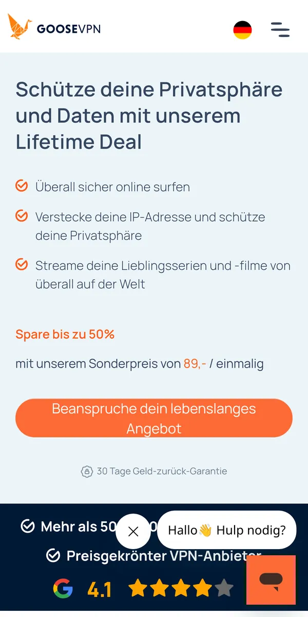 Startseite von Goose VPN auf dem Smartphone – im Vergleich: bester VPN für die Schweiz