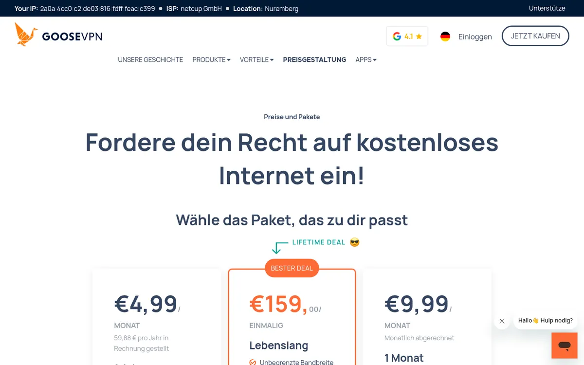 Preisseite von Goose VPN – im Vergleich: bester VPN für die Schweiz