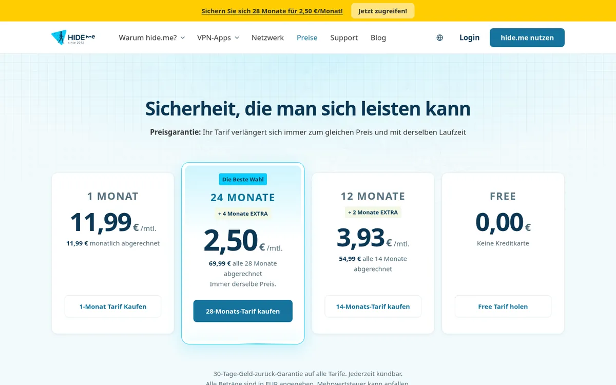 Preisseite von hide.me – im Vergleich: bester VPN für die Schweiz