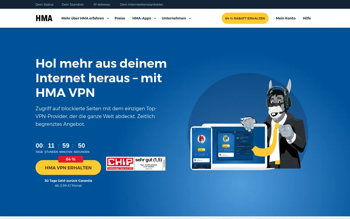 Startseite von HMA am Computer – im Vergleich: bester VPN für die Schweiz