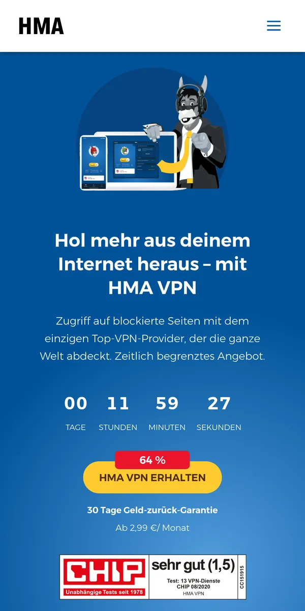 Startseite von HMA auf dem Smartphone – im Vergleich: bester VPN für die Schweiz