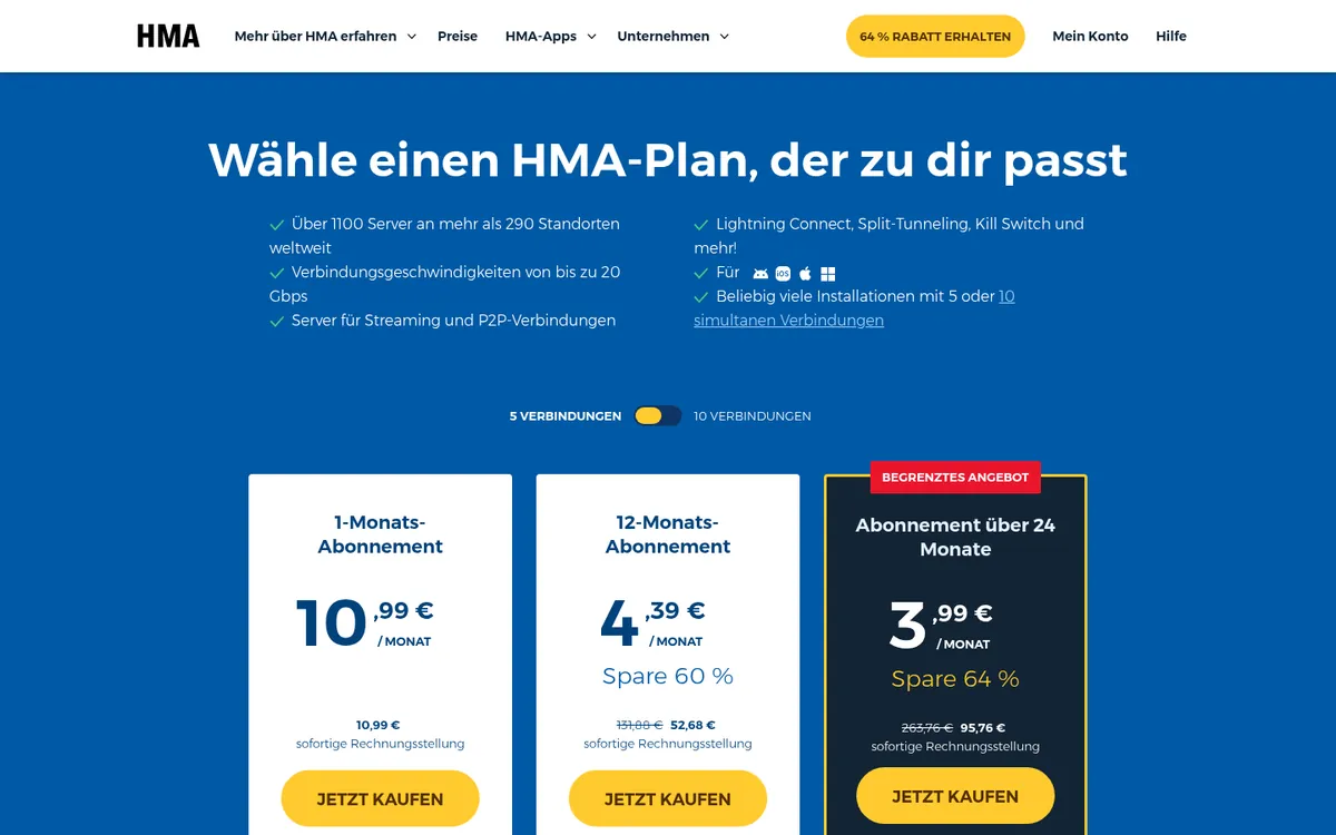 Preisseite von HMA – im Vergleich: bester VPN für die Schweiz