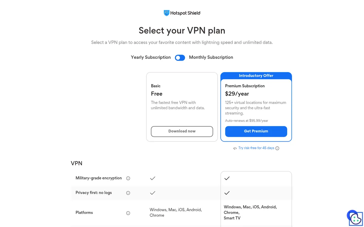 Preisseite von Hotspot Shield – im Vergleich: bester VPN für die Schweiz