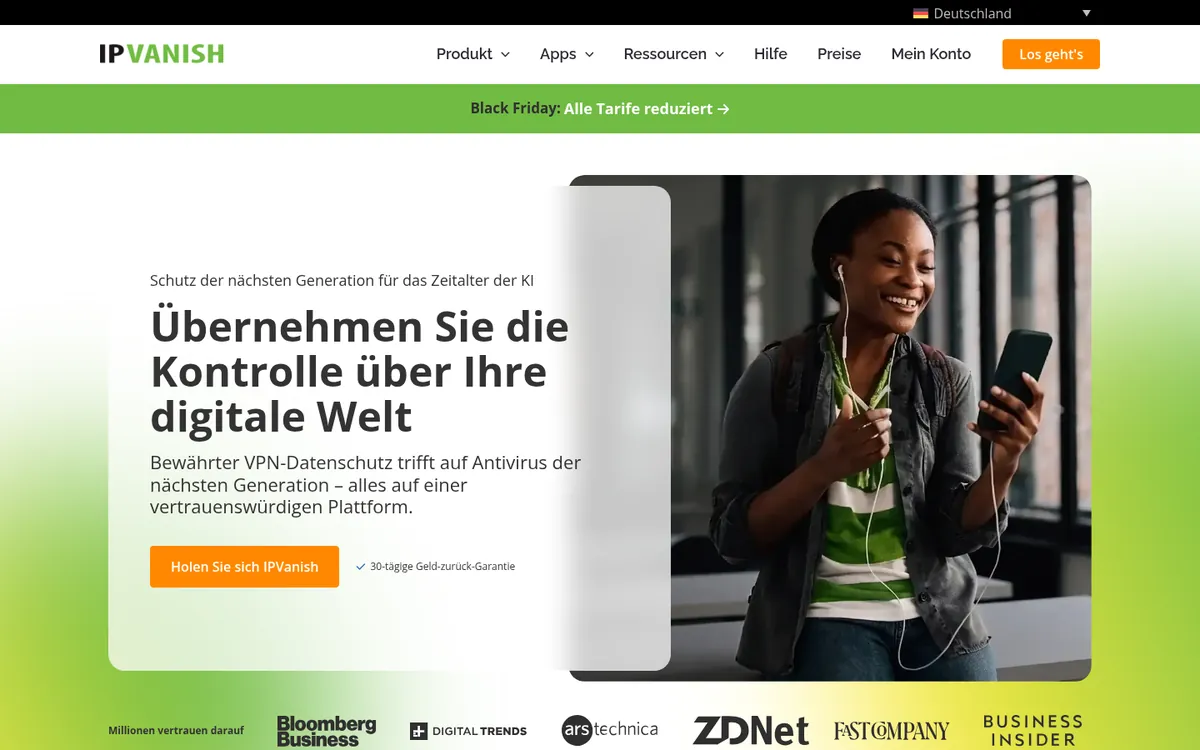 Startseite von IPVanish am Computer – im Vergleich: bester VPN für die Schweiz