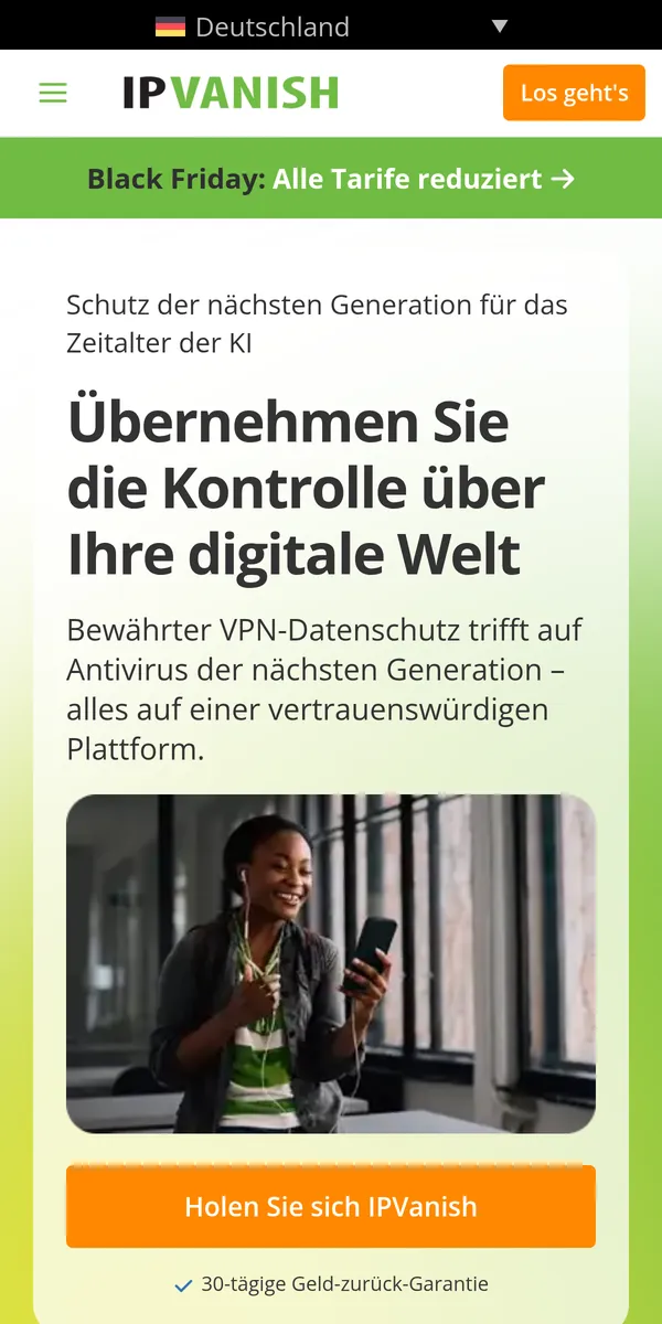Startseite von IPVanish auf dem Smartphone – im Vergleich: bester VPN für die Schweiz