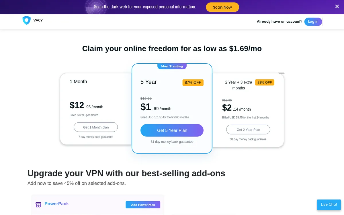 Preisseite von Ivacy – im Vergleich: bester VPN für die Schweiz