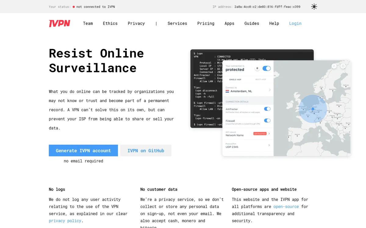 Startseite von IVPN am Computer – im Vergleich: bester VPN für die Schweiz