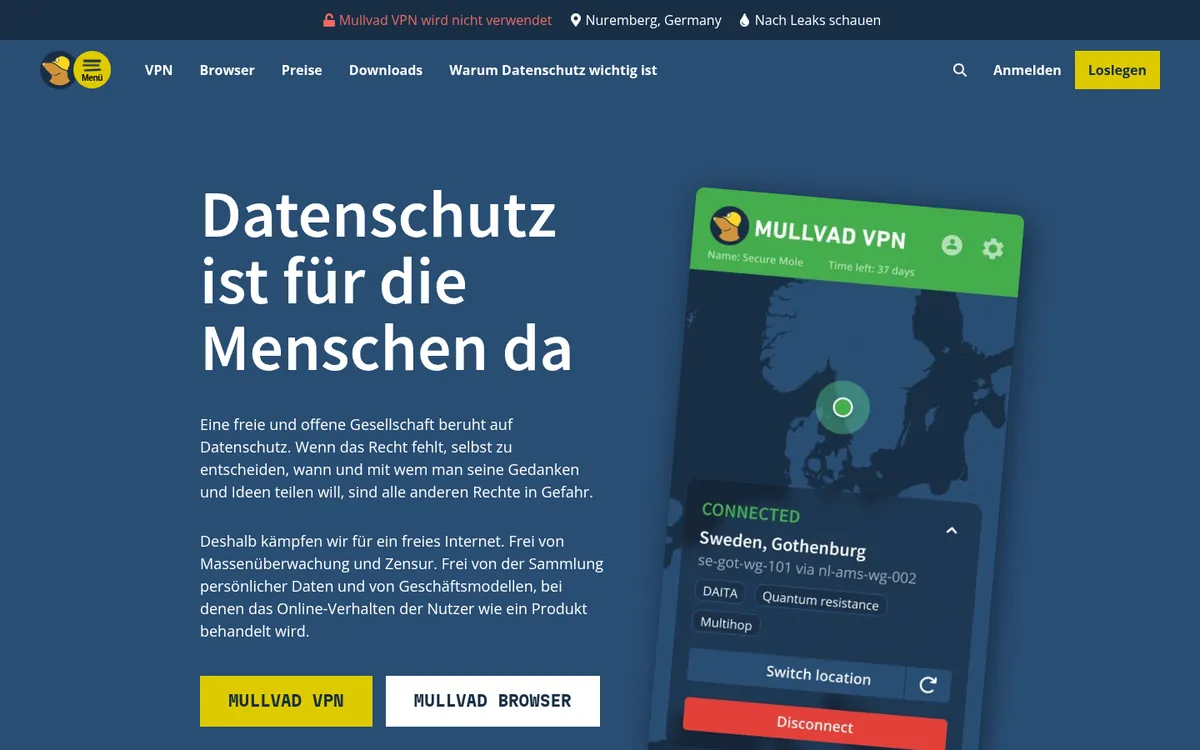 Startseite von Mullvad am Computer – im Vergleich: bester VPN für die Schweiz