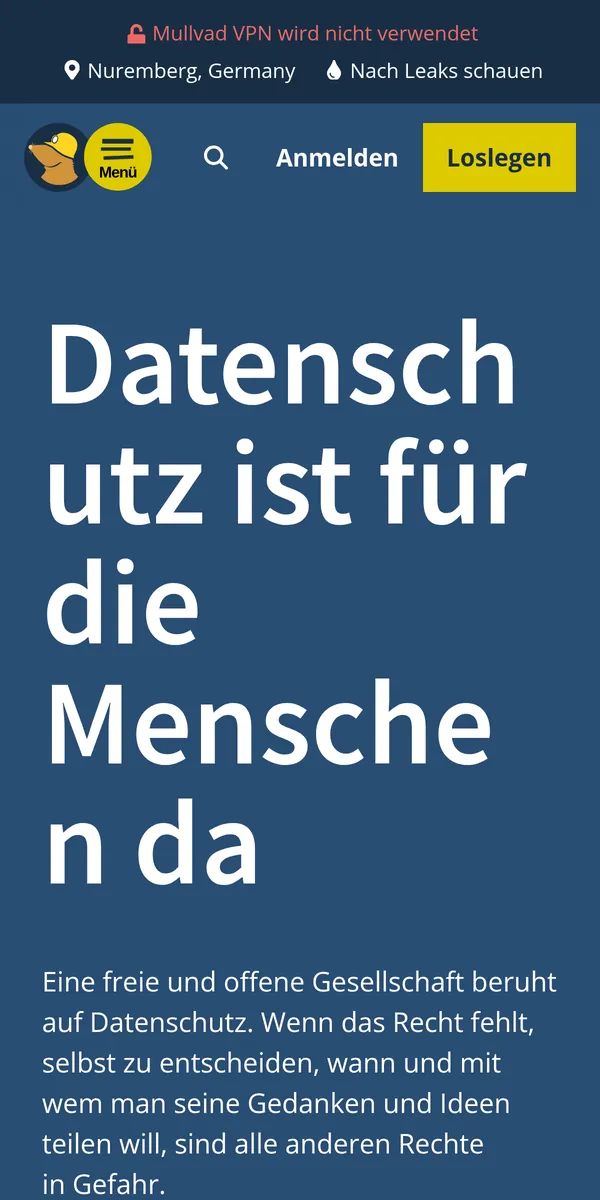 Startseite von Mullvad auf dem Smartphone – im Vergleich: bester VPN für die Schweiz