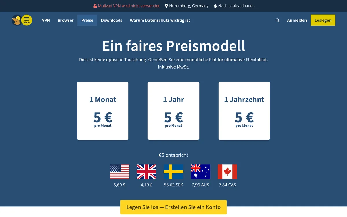 Preisseite von Mullvad – im Vergleich: bester VPN für die Schweiz
