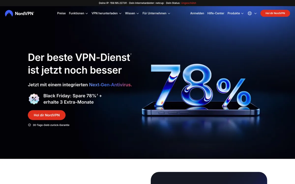 Startseite von NordVPN, der Nummer eins in unserer Rangliste