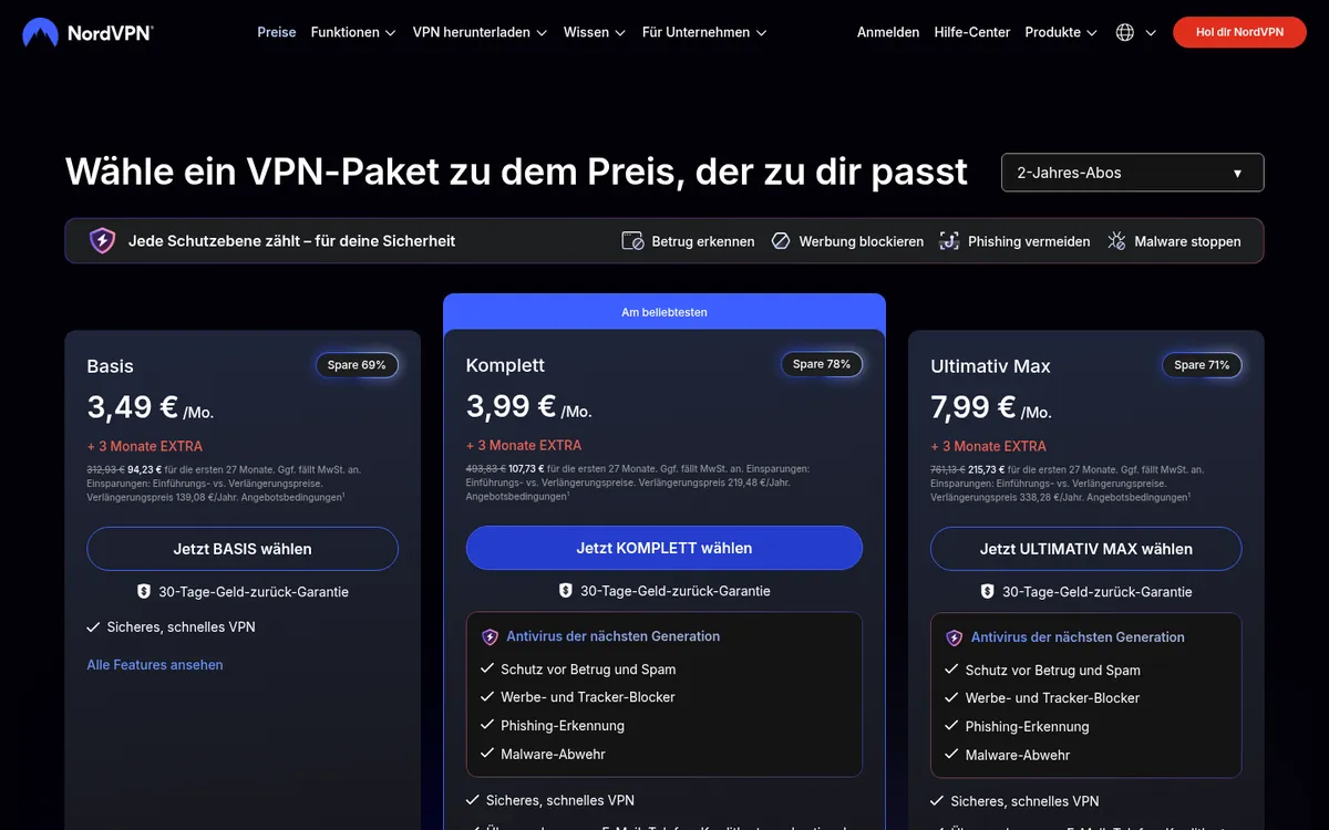 Preisseite von NordVPN – im Vergleich: bester VPN für die Schweiz