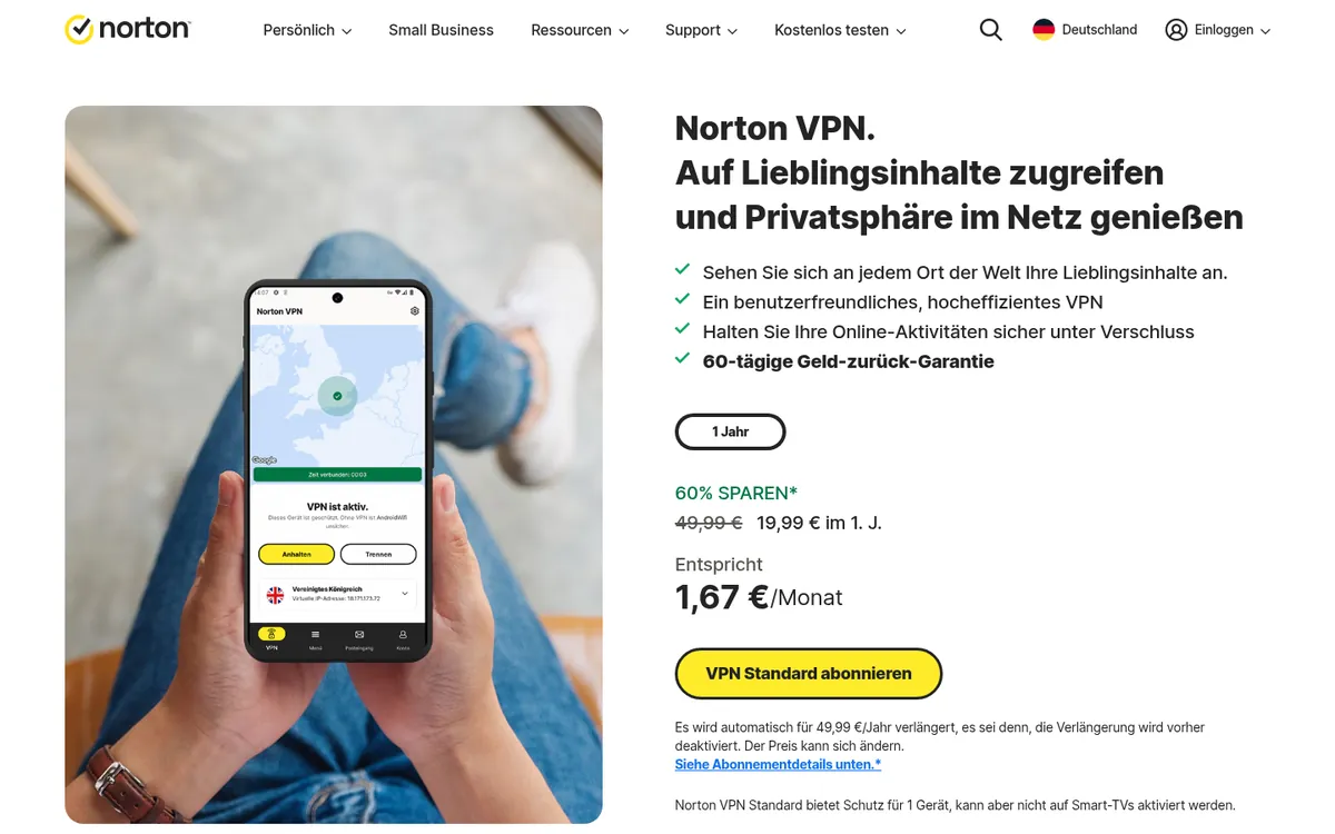 Startseite von Norton VPN am Computer – im Vergleich: bester VPN für die Schweiz