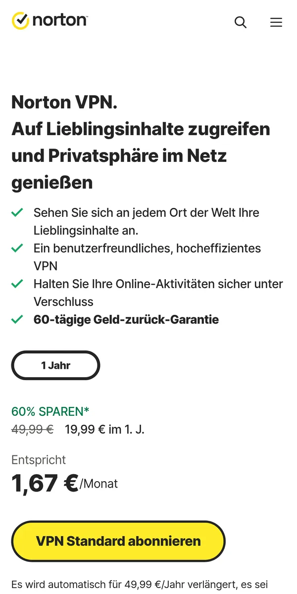 Startseite von Norton VPN auf dem Smartphone – im Vergleich: bester VPN für die Schweiz