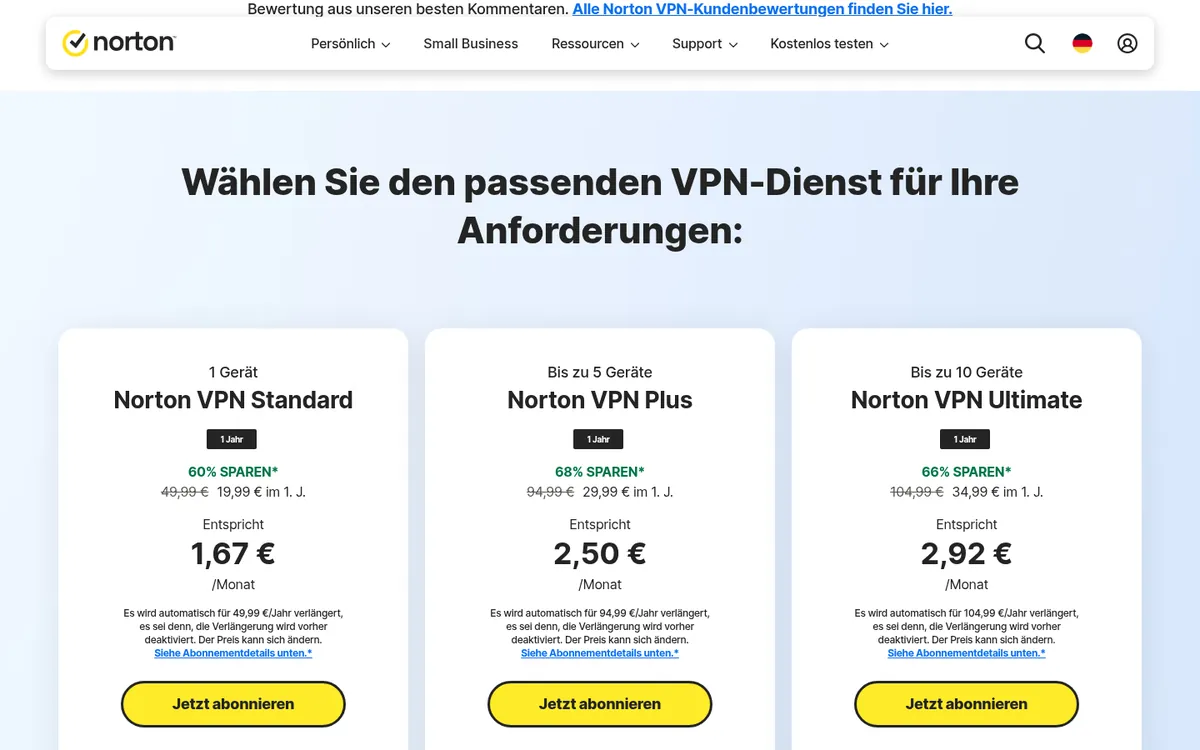 Preisseite von Norton VPN – im Vergleich: bester VPN für die Schweiz