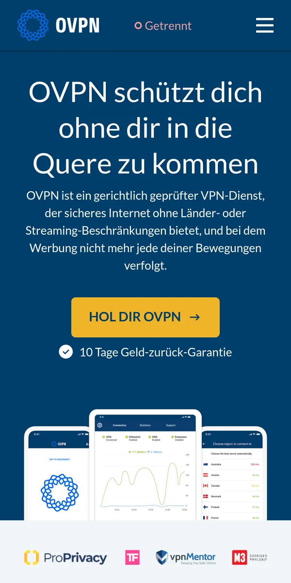 Startseite von OVPN auf dem Smartphone – im Vergleich: bester VPN für die Schweiz