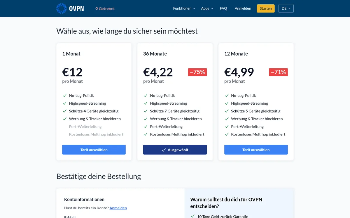Preisseite von OVPN – im Vergleich: bester VPN für die Schweiz