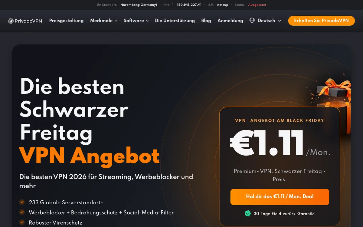 Startseite von PrivadoVPN am Computer – im Vergleich: bester VPN für die Schweiz