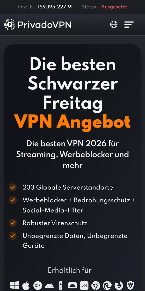 Startseite von PrivadoVPN auf dem Smartphone – im Vergleich: bester VPN für die Schweiz