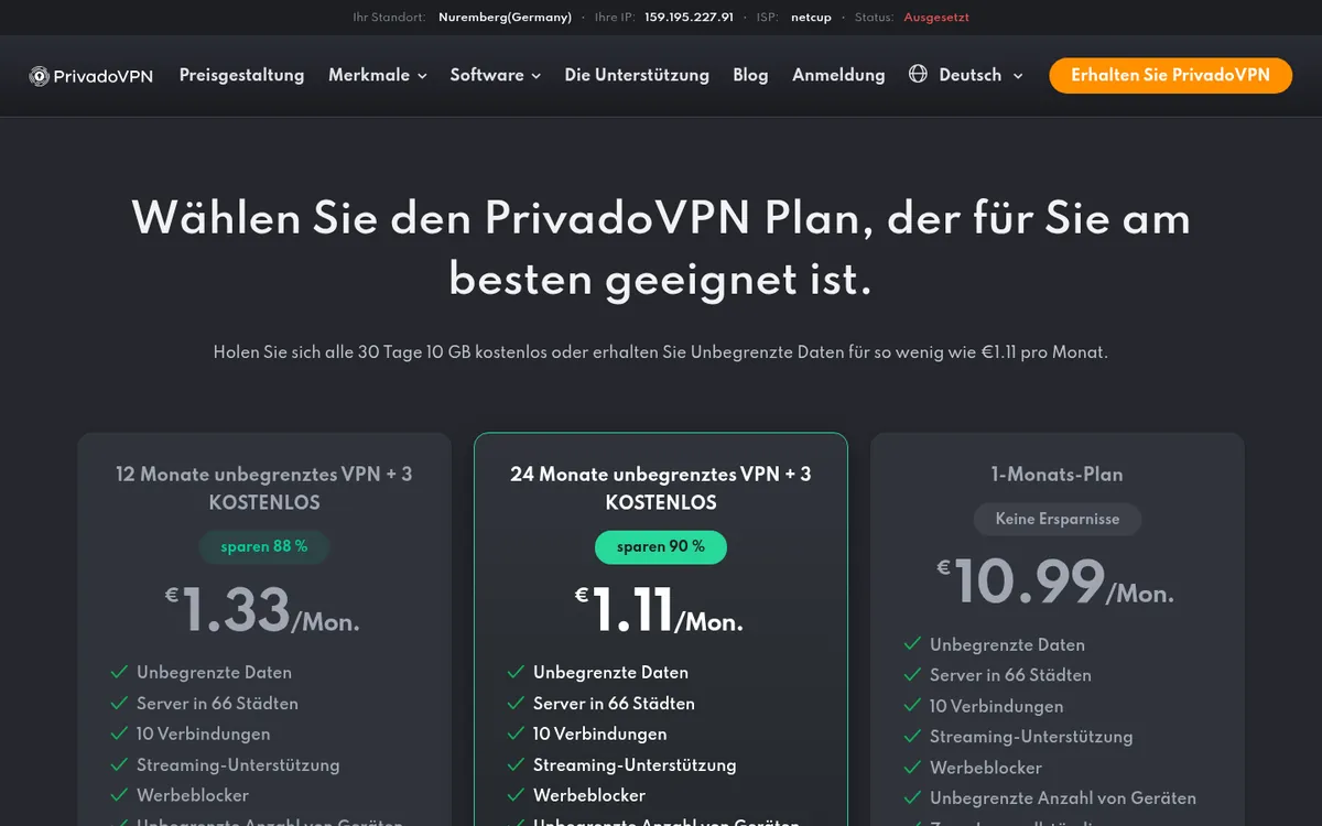 Preisseite von PrivadoVPN – im Vergleich: bester VPN für die Schweiz