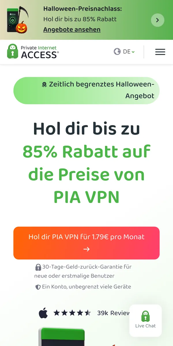 Startseite von Private Internet Access auf dem Smartphone – im Vergleich: bester VPN für die Schweiz