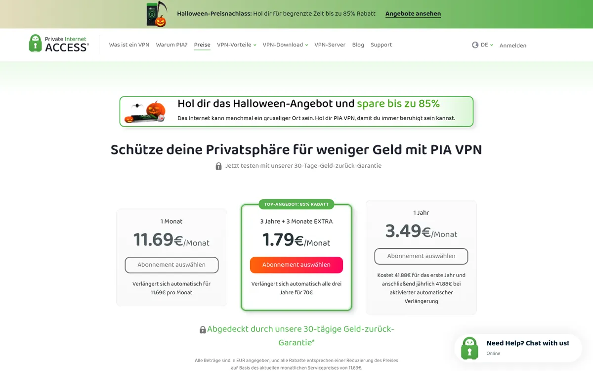 Preisseite von Private Internet Access – im Vergleich: bester VPN für die Schweiz