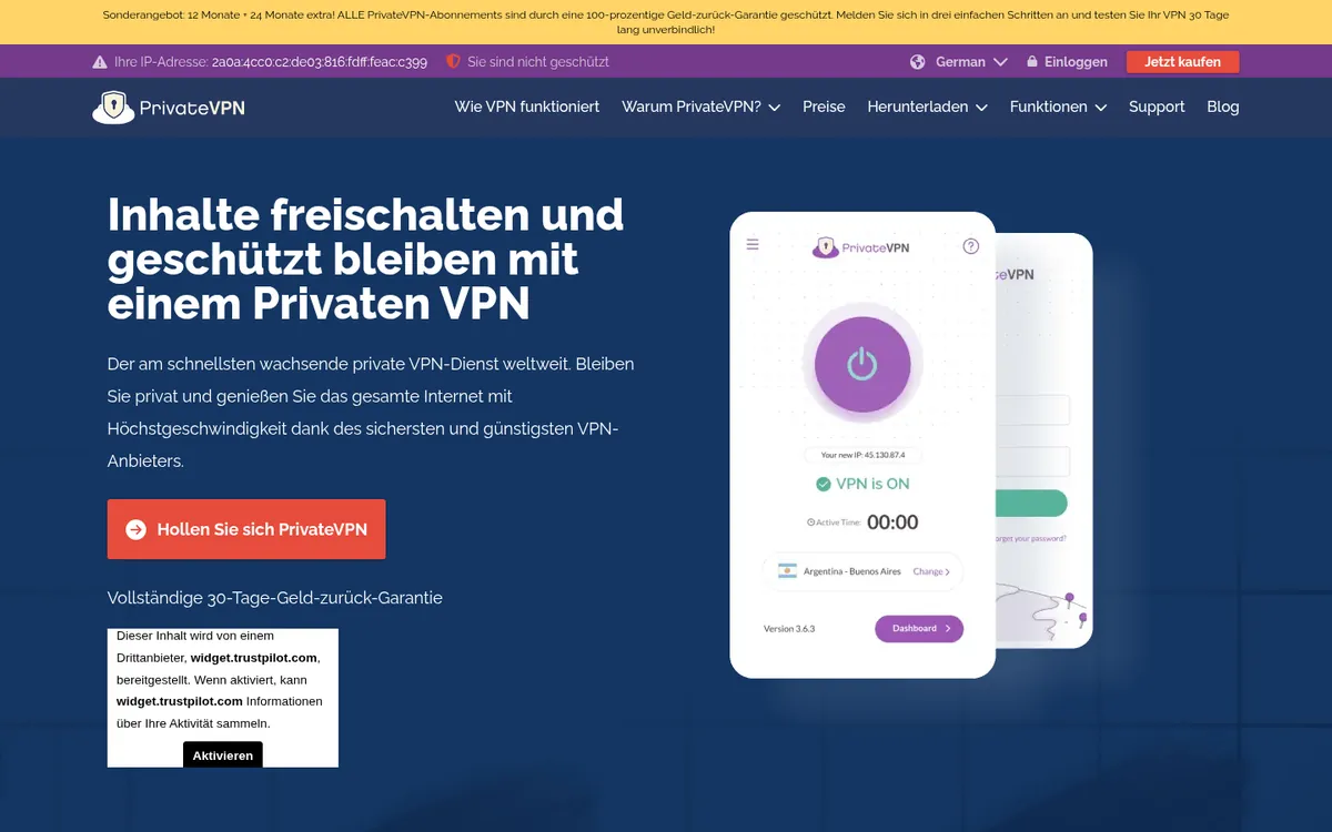 Startseite von PrivateVPN am Computer – im Vergleich: bester VPN für die Schweiz