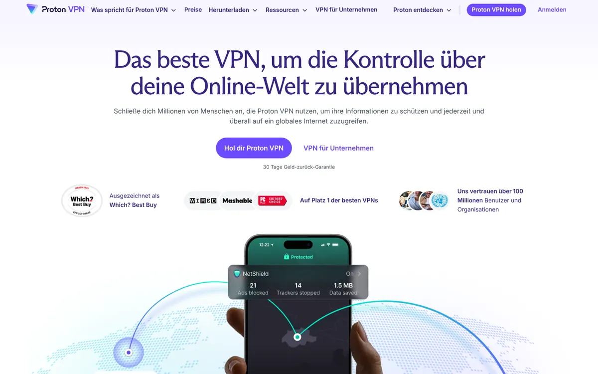 Startseite von Proton VPN, dem Dienst aus der Schweiz in unserer Rangliste