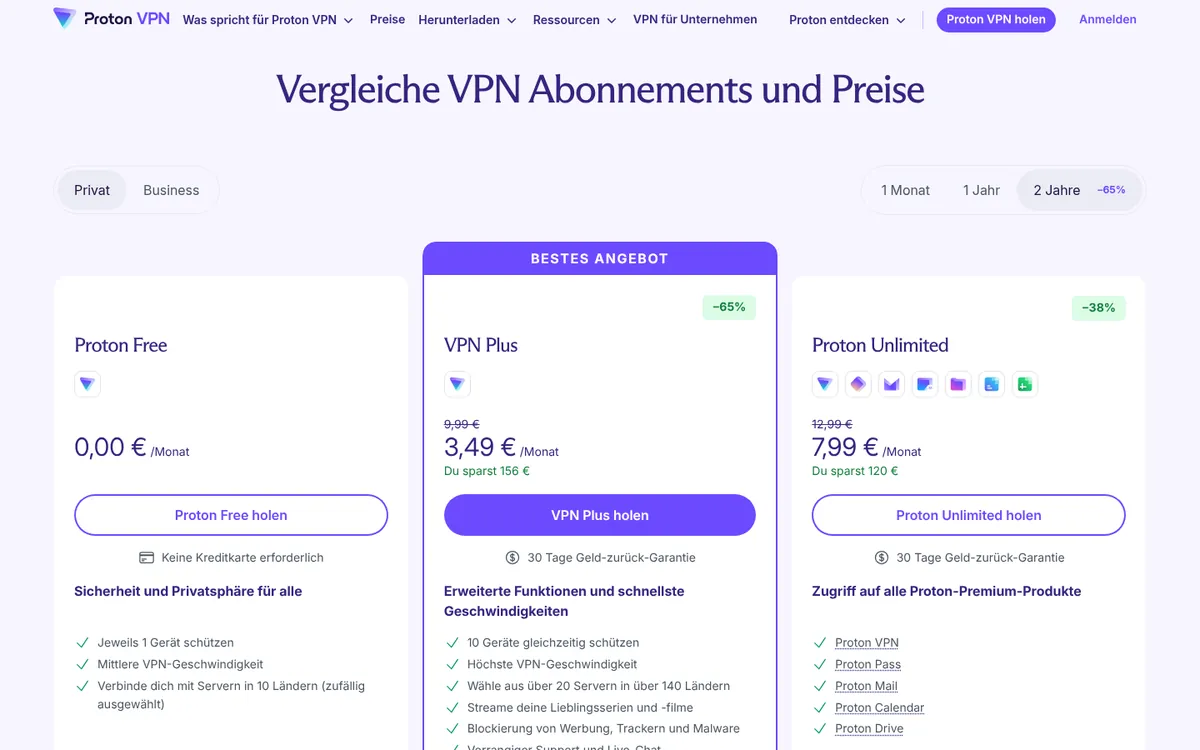 Preisseite von Proton VPN – im Vergleich: bester VPN für die Schweiz