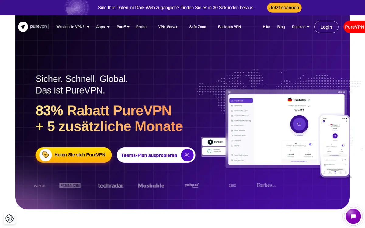 Startseite von PureVPN am Computer – im Vergleich: bester VPN für die Schweiz