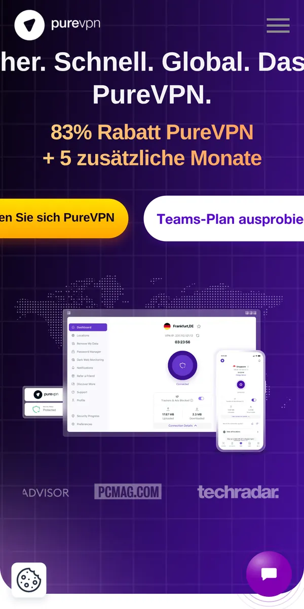 Startseite von PureVPN auf dem Smartphone – im Vergleich: bester VPN für die Schweiz