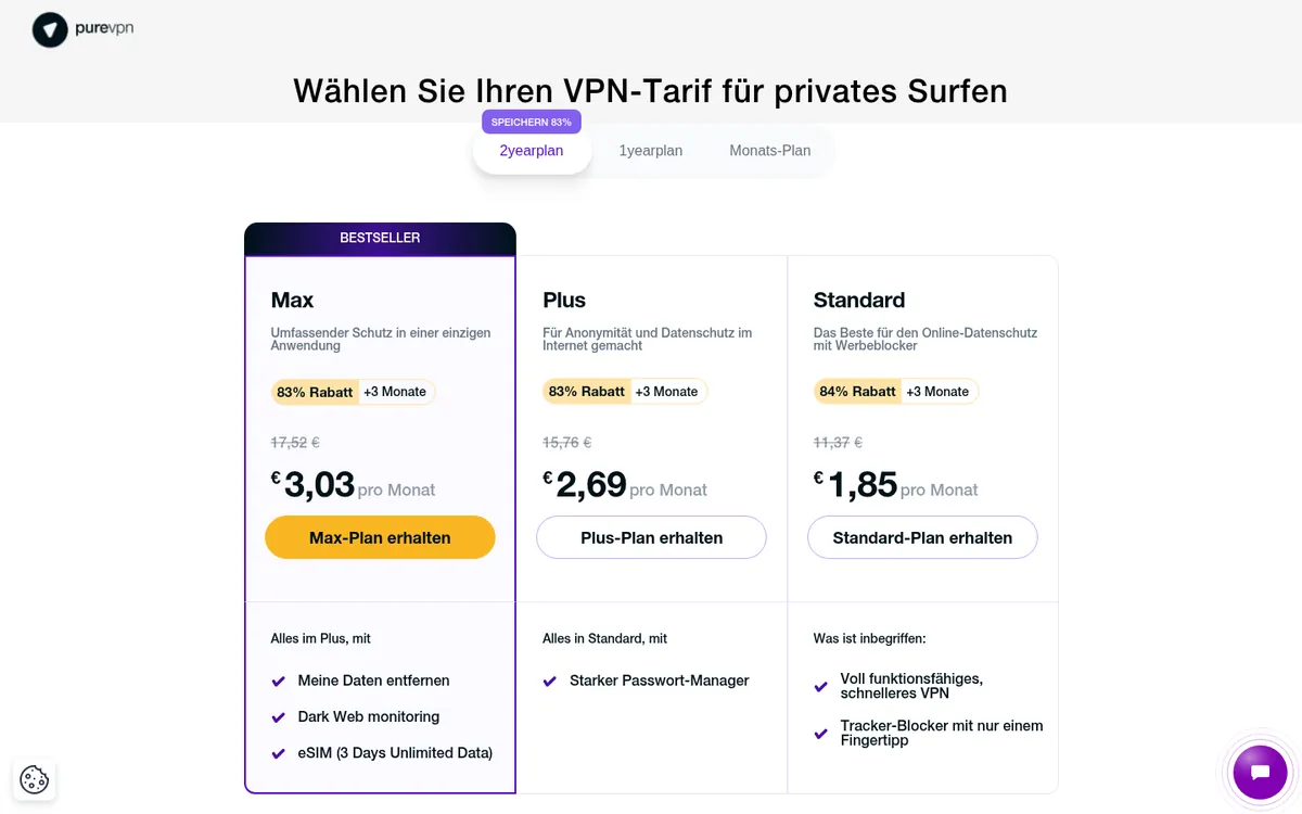 Preisseite von PureVPN – im Vergleich: bester VPN für die Schweiz