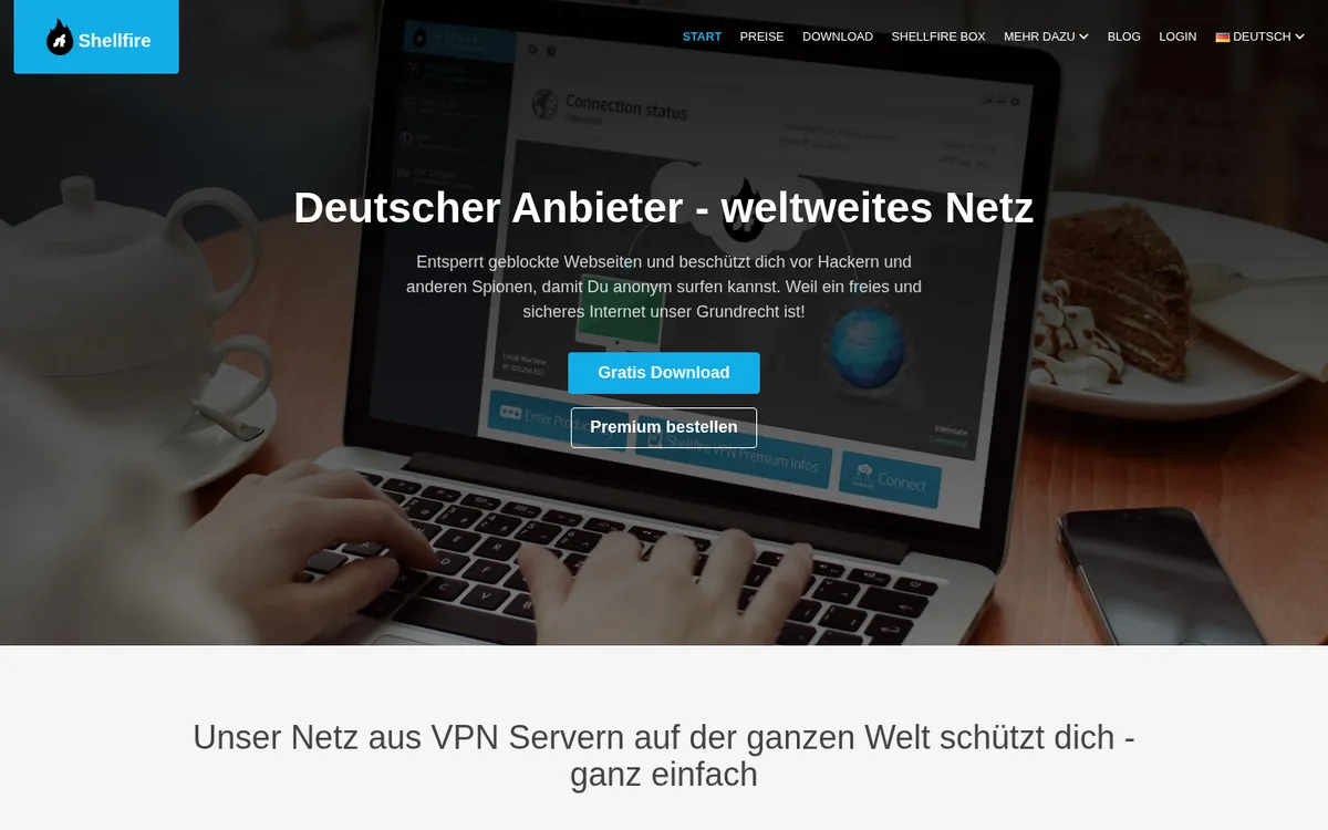 Startseite von Shellfire VPN am Computer – im Vergleich: bester VPN für die Schweiz