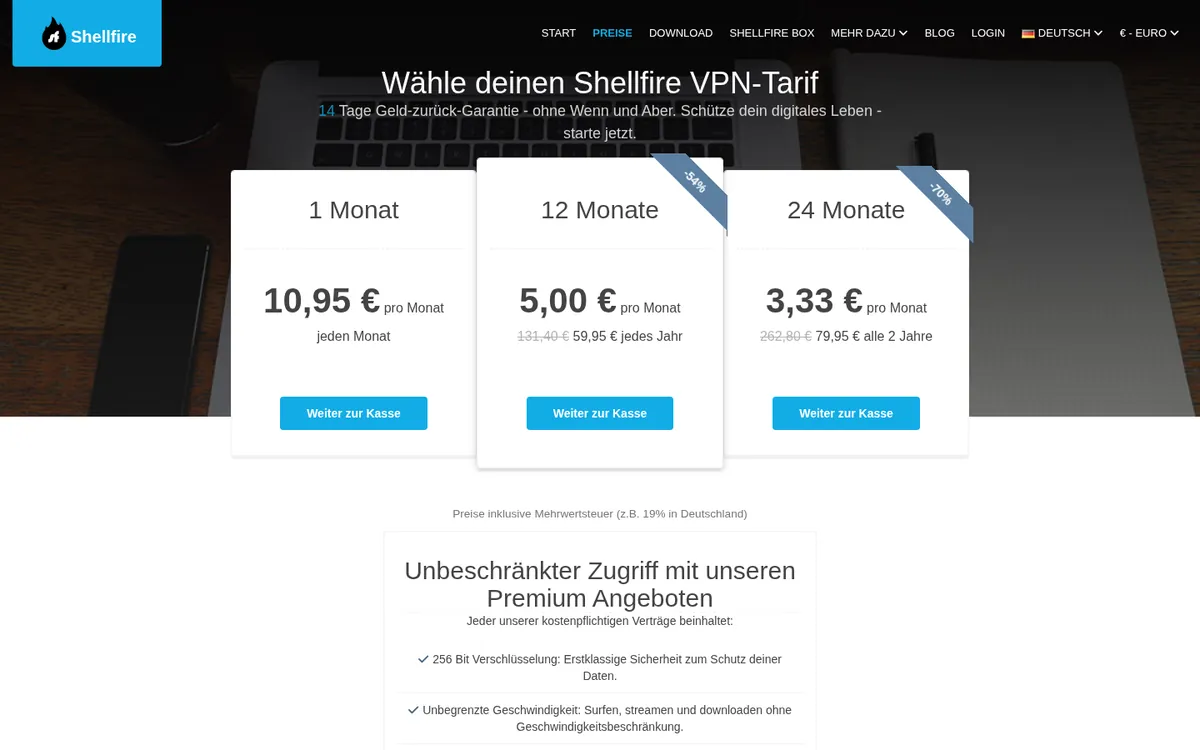 Preisseite von Shellfire VPN – im Vergleich: bester VPN für die Schweiz