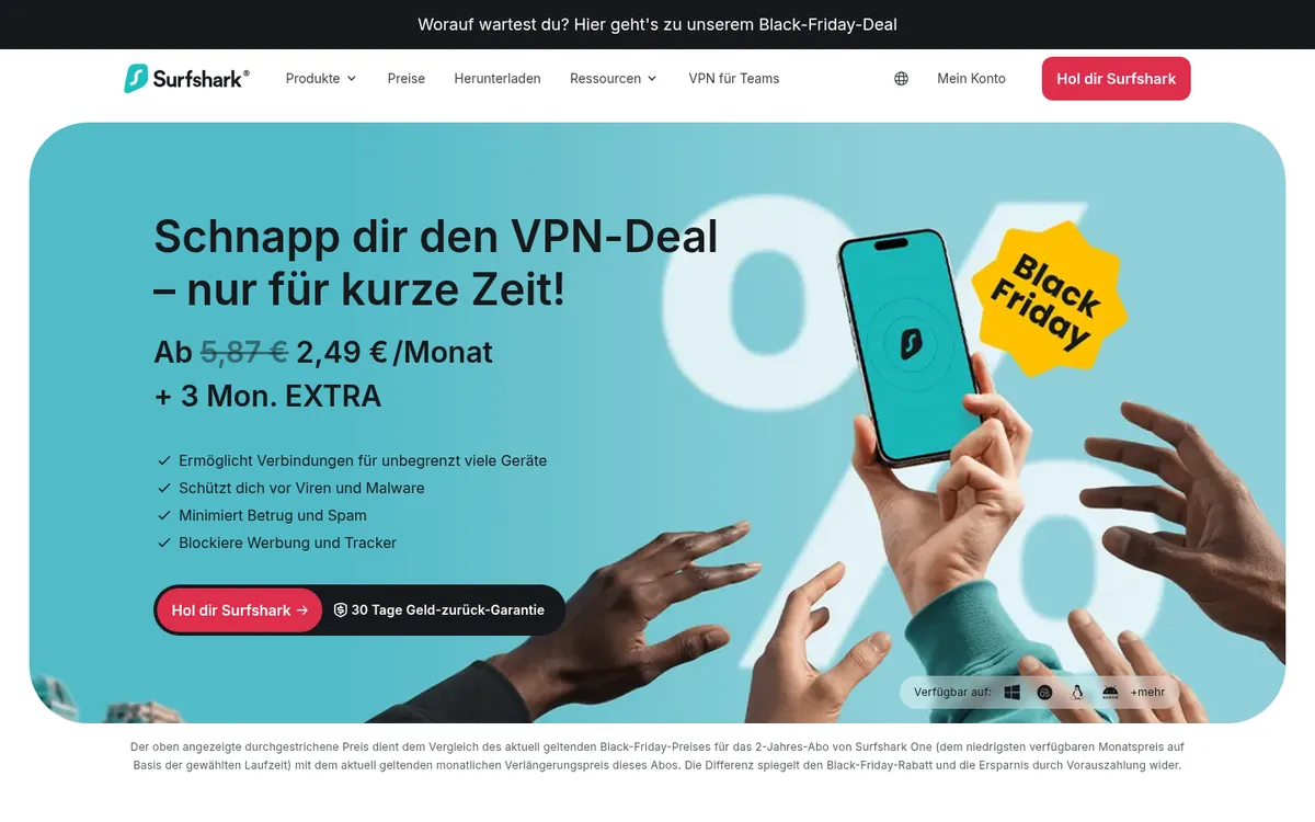 Startseite von Surfshark am Computer – im Vergleich: bester VPN für die Schweiz