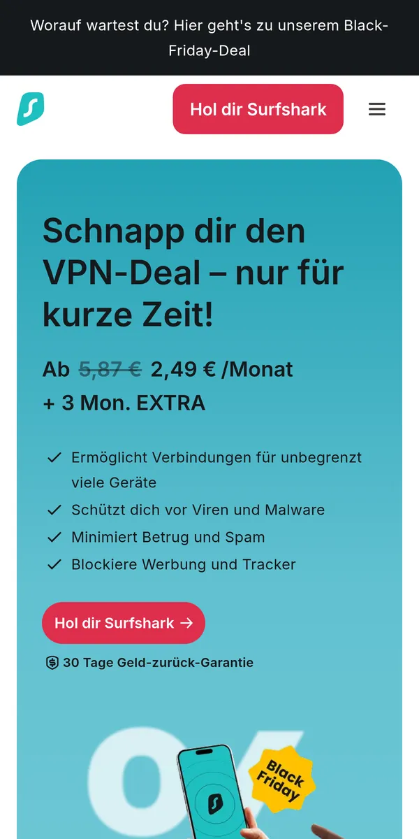 Startseite von Surfshark auf dem Smartphone – im Vergleich: bester VPN für die Schweiz