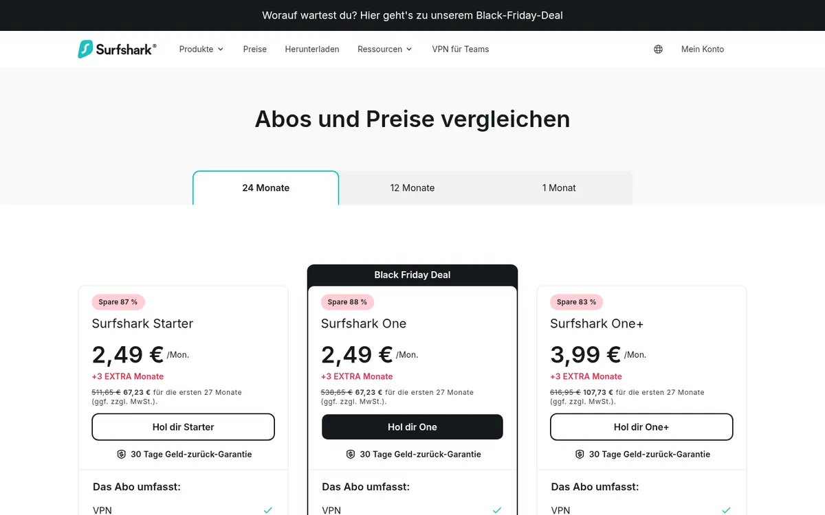 Preisseite von Surfshark mit den Laufzeiten, bevor Sie ein Abo abschliessen
