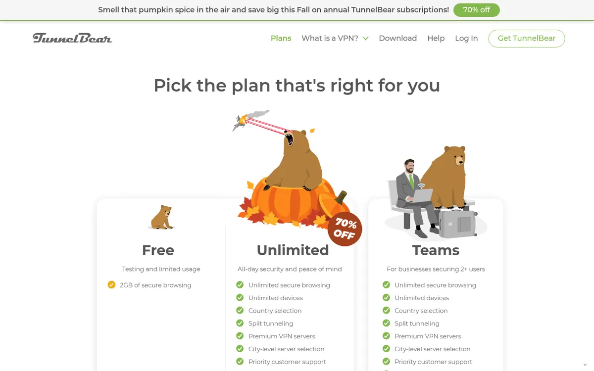 Preisseite von TunnelBear – im Vergleich: bester VPN für die Schweiz